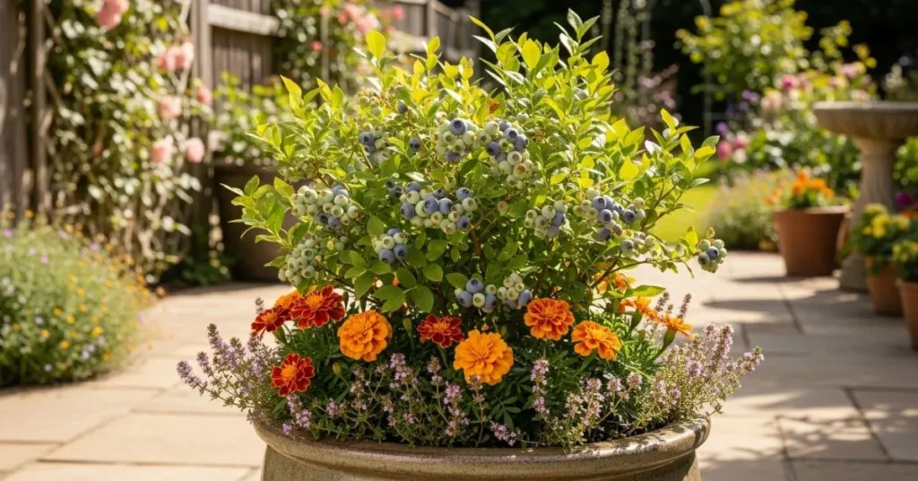 Blueberry plant in a decorative pot with marigolds and thyme for companion planting.