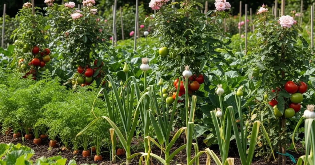 Garlic growing with tomatoes, carrots, and roses as companion plants.