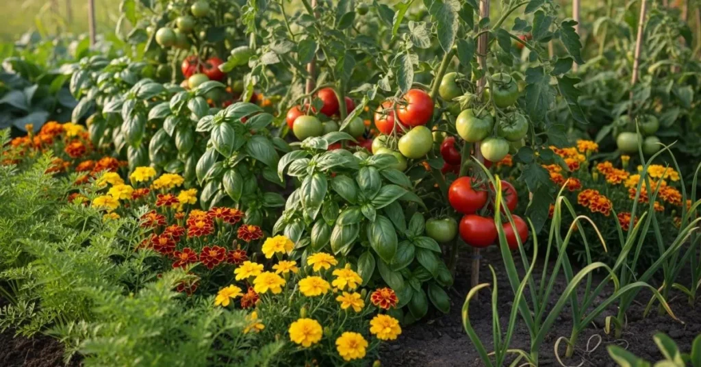 Tomato plants growing with basil, marigolds, garlic, and carrots as companion plants to improve growth and repel pests.