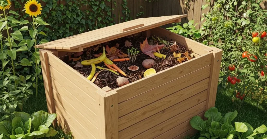 Compost bin with kitchen scraps and dry leaves in a home garden.