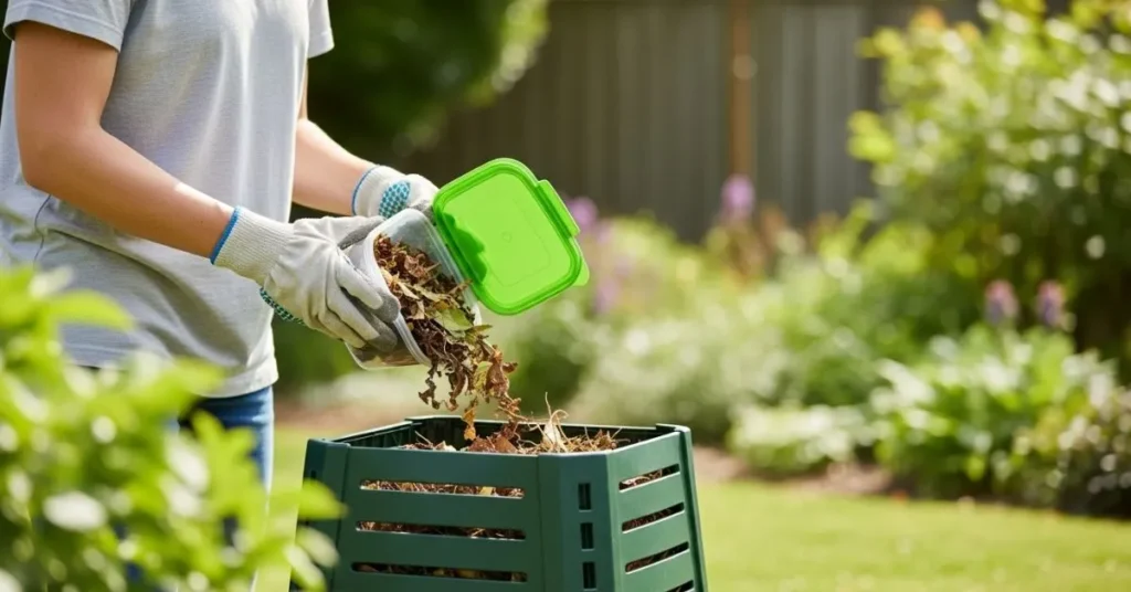 Beginner gardener adding chopped kitchen waste and dry leaves to a home compost bin.