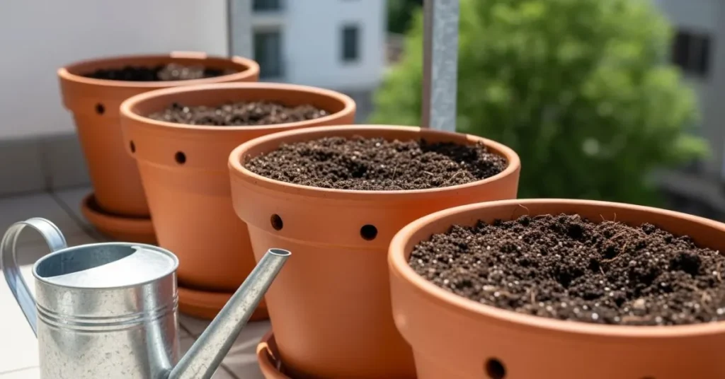 Container gardening basics with pots, soil, and watering can on a balcony.