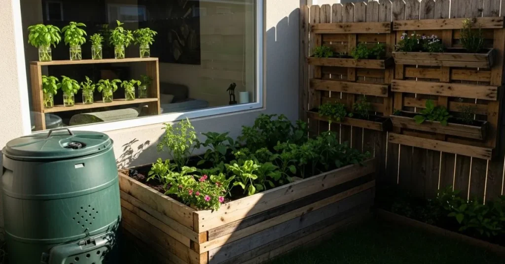 DIY gardening projects including a raised bed, compost bin, vertical pallet planters, and glass jar herb gardens.