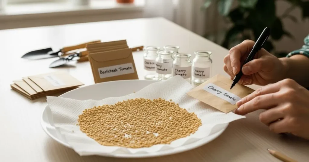 How to dry and store tomato seeds after fermenting — dried tomato seeds on a paper towel with labeled envelopes and jars for long-term storage at home.
