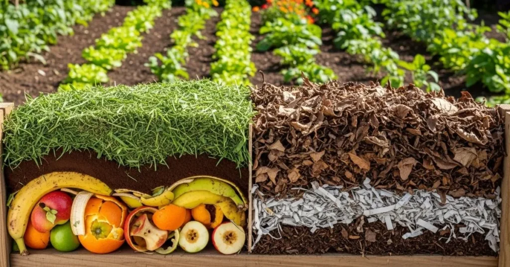 Compost bin showing greens like fruit scraps and coffee grounds with browns like dry leaves and newspaper.