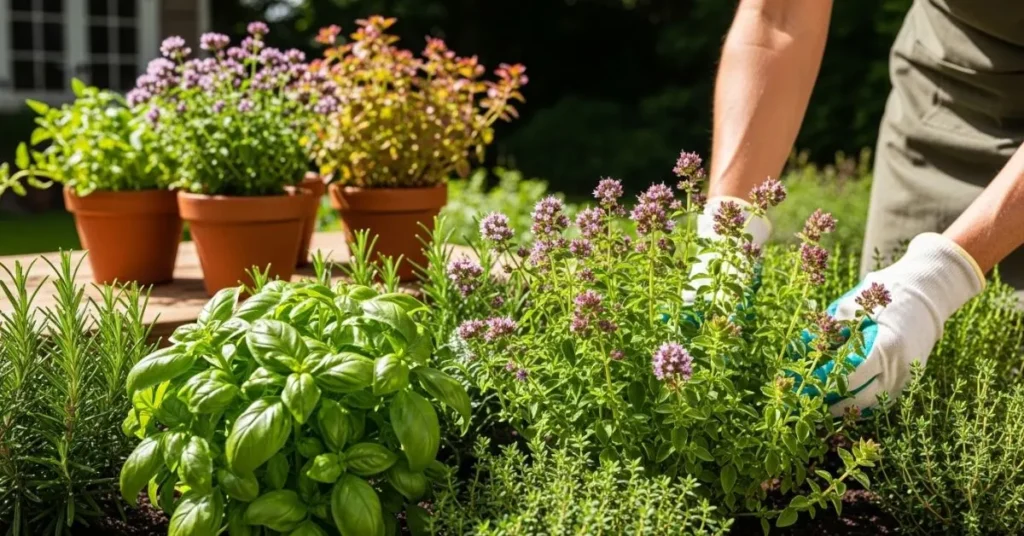 Healthy oregano plants growing with basil and rosemary while a gardener pinches tips to promote bushy growth.