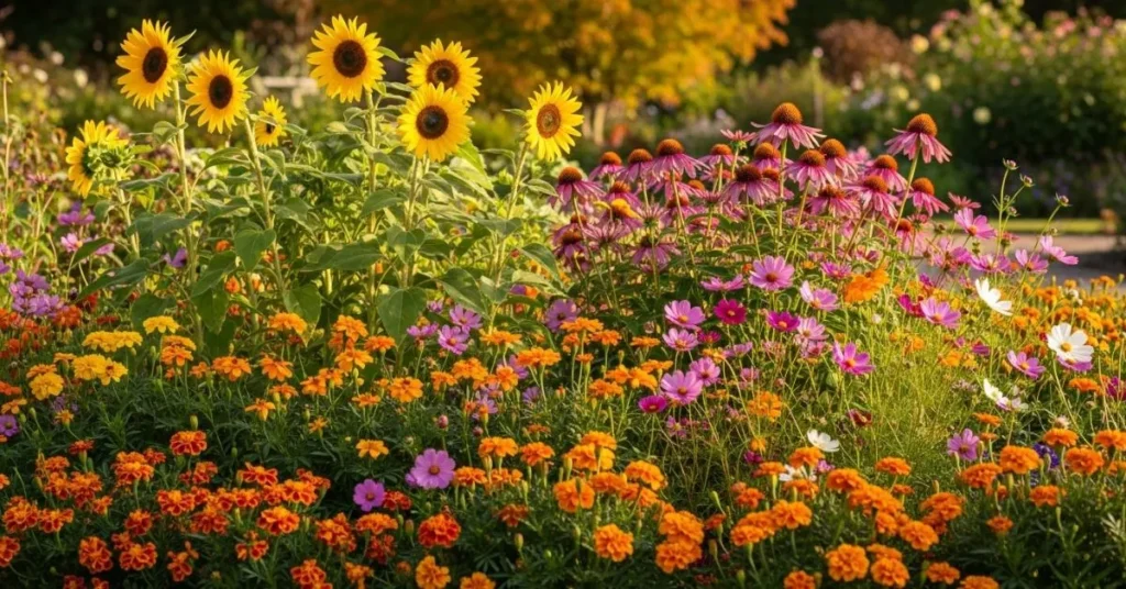 Layered fall garden with tall sunflowers and coneflowers behind shorter self-seeding flowers like marigolds and cosmos.