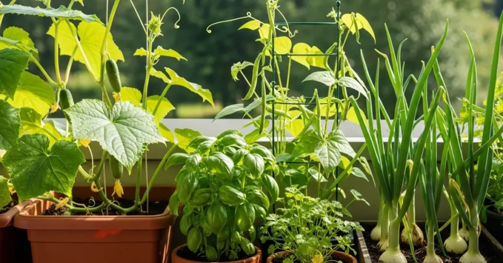 Cucumbers, beans, onions, and herbs growing in balcony containers.
