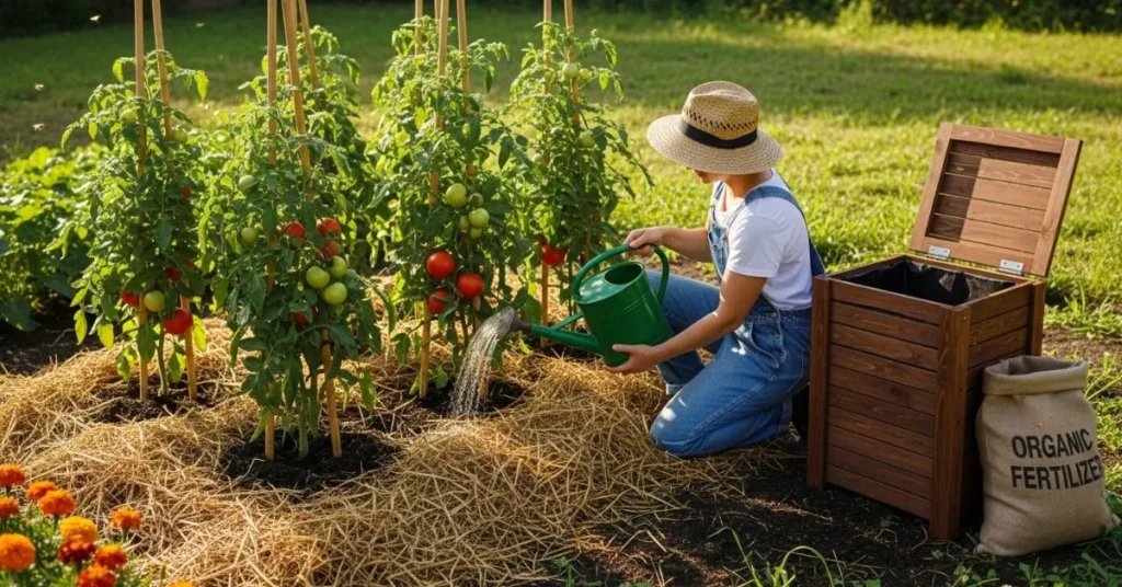 Gardener watering staked tomato plants at the base and applying organic compost and mulch for healthy growth.