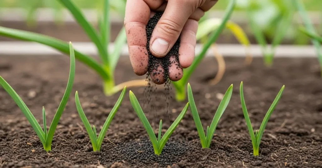 Fertilizing garlic plants in fall for strong bulb growth.