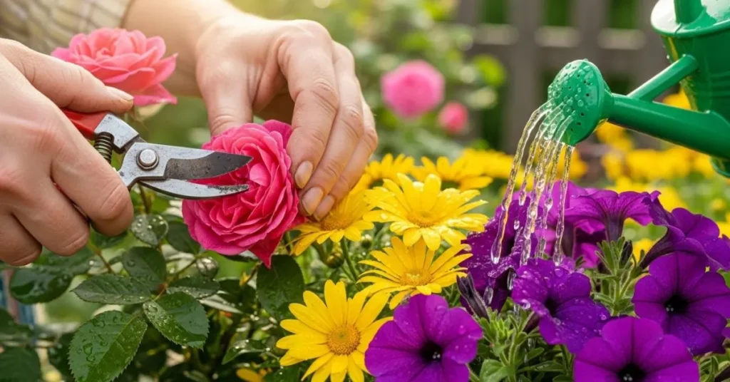 Gardener caring for flowers by pruning and watering blooms.
