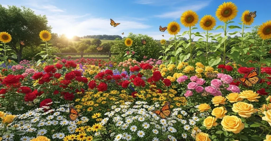 Roses, daisies, and sunflowers blooming in a vibrant garden with butterflies.
