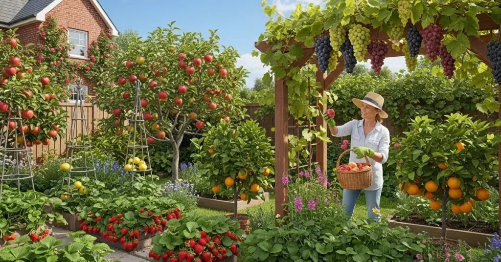 Gardener harvesting strawberries, apples, grapes, and citrus fruits in a home garden.