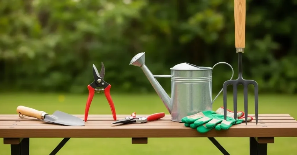 Essential gardening tools including a trowel, pruners, watering can, garden fork, and gloves displayed in a backyard garden.