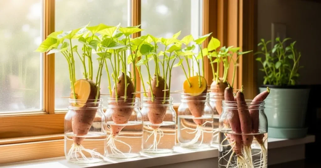 Sweet potato halves sprouting slips in jars of water on a sunny indoor windowsill, showing how to grow sweet potatoes indoors.