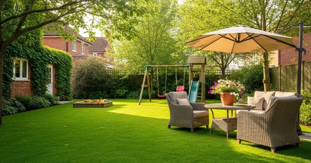 Lush green lawn in a home garden with well-maintained grass