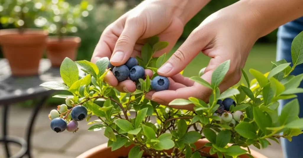 Harvesting ripe blueberries from a container plant when fully blue and ready.