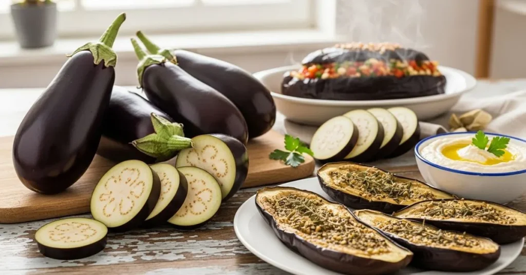 Fresh eggplants stored and prepared for cooking dishes like baba ganoush and stuffed eggplant.