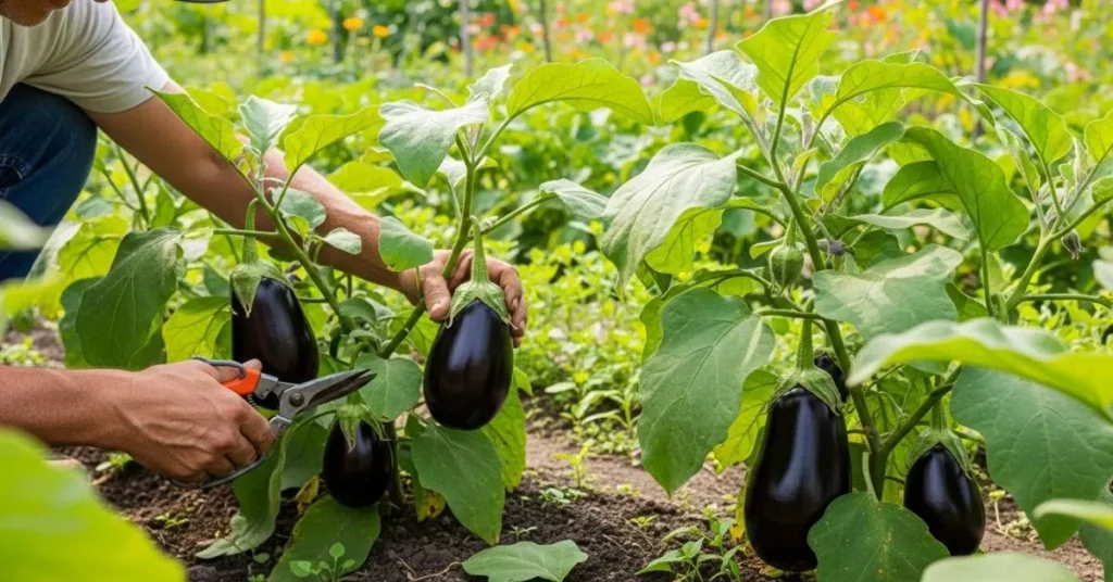 Gardener harvesting ripe glossy purple eggplants with garden shears in a sunny garden.