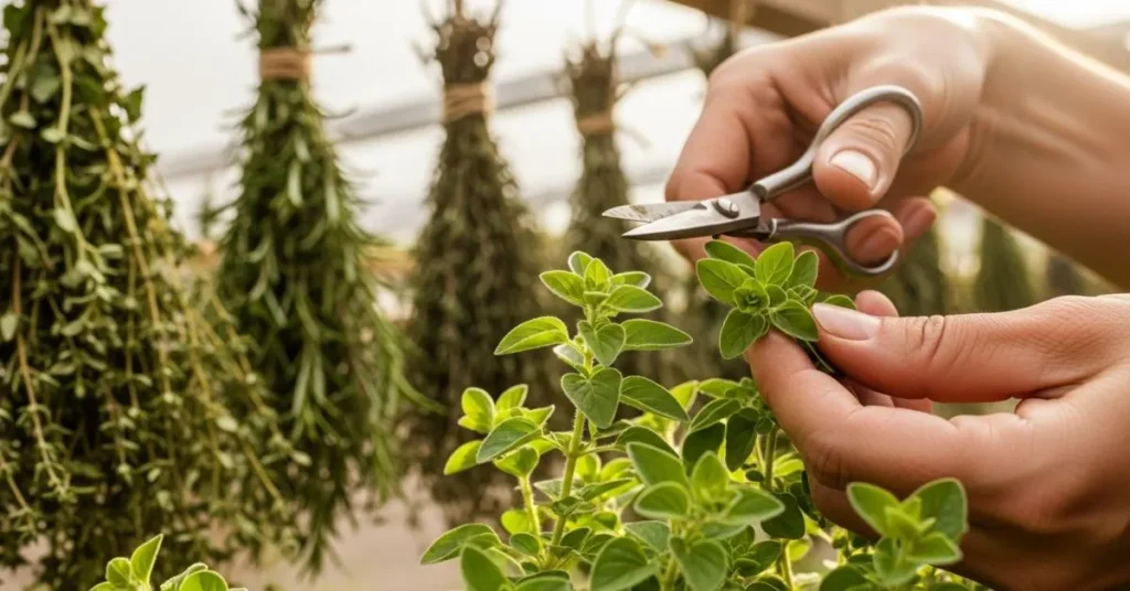 Gardener cutting fresh oregano leaves and drying herbs for kitchen use.