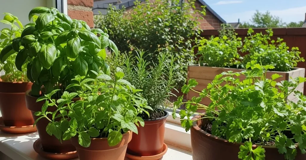Fresh herbs including basil, mint, rosemary, and parsley growing in pots on a sunny windowsill and garden planters.