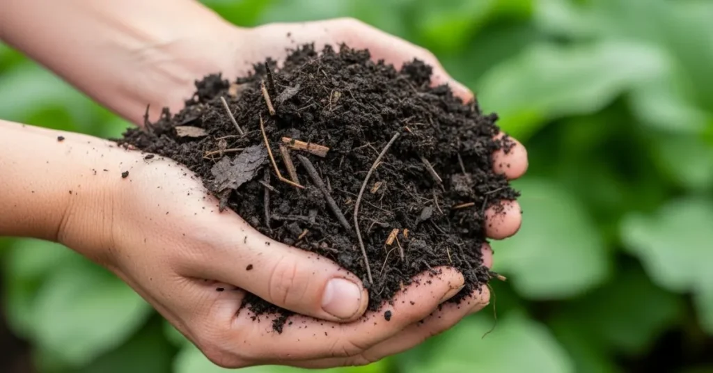 Dark, crumbly, ready compost in gardener’s hands showing mature organic soil for gardening.