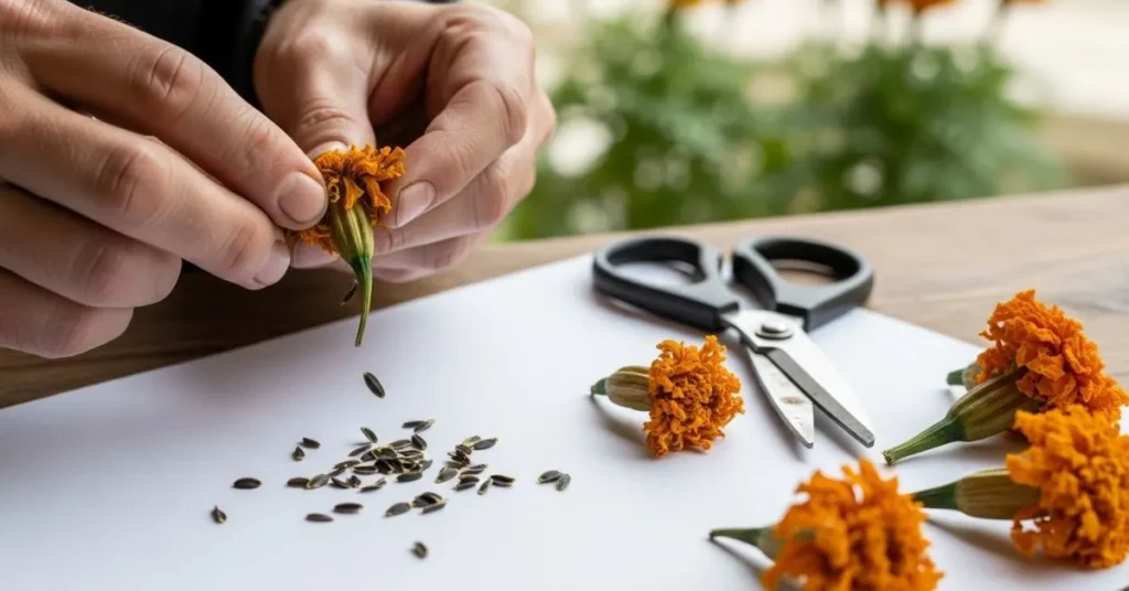 Gardener collecting marigold seeds step by step by breaking open dried flower heads to separate black seeds with pale tips for next year’s garden.