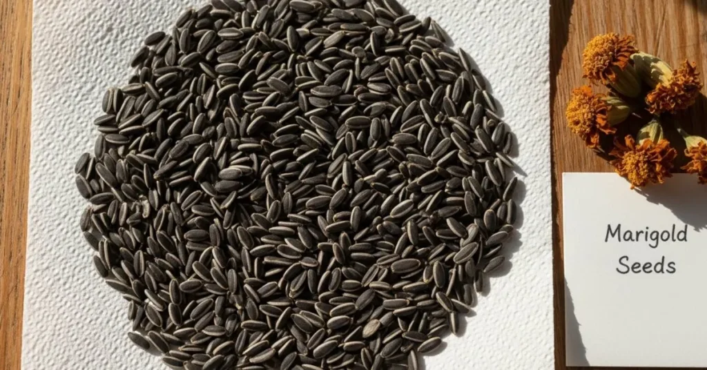 Marigold seeds drying on a paper towel in warm sunlight, showing how to dry marigold seeds properly for storage and next year’s planting.