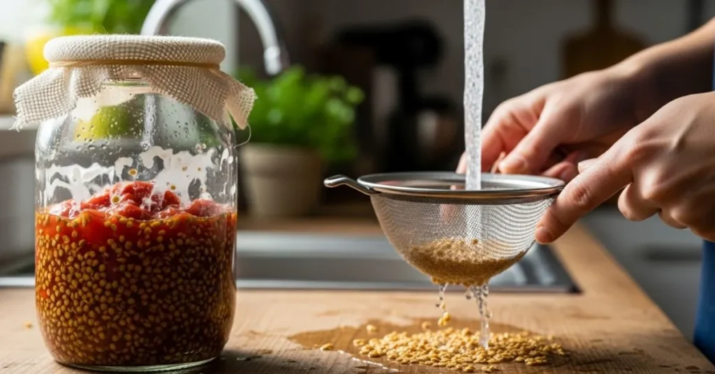 How to ferment tomato seeds to save them — tomato pulp and seeds fermenting in a glass jar, mold layer forming before rinsing and drying for next season gardening.