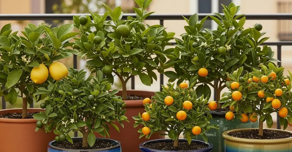 Dwarf citrus varieties like Meyer lemon and kumquat growing in pots for home container gardening.