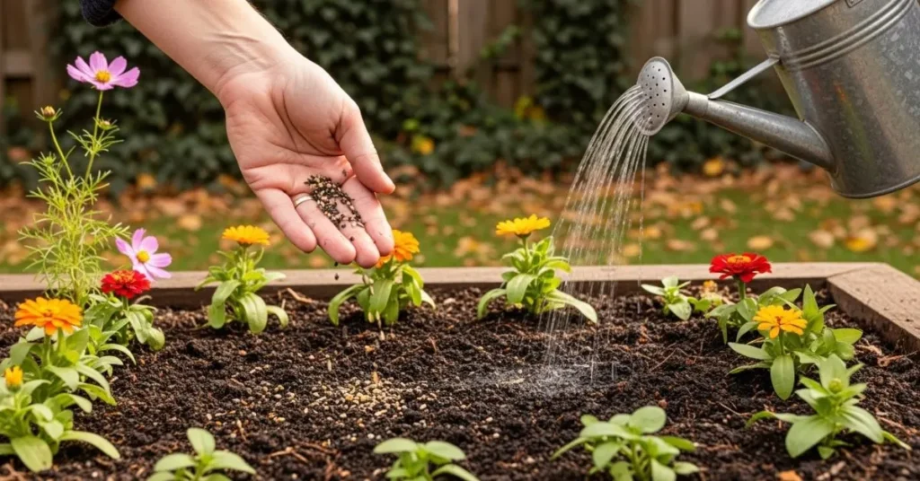 A fall garden showing soil preparation, seed scattering, gentle watering, and young self-seeding flowers like cosmos, calendula, and zinnias sprouting.