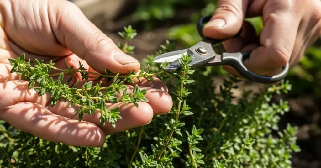 Gardener carefully cutting thyme sprigs with scissors to avoid plant damage.
