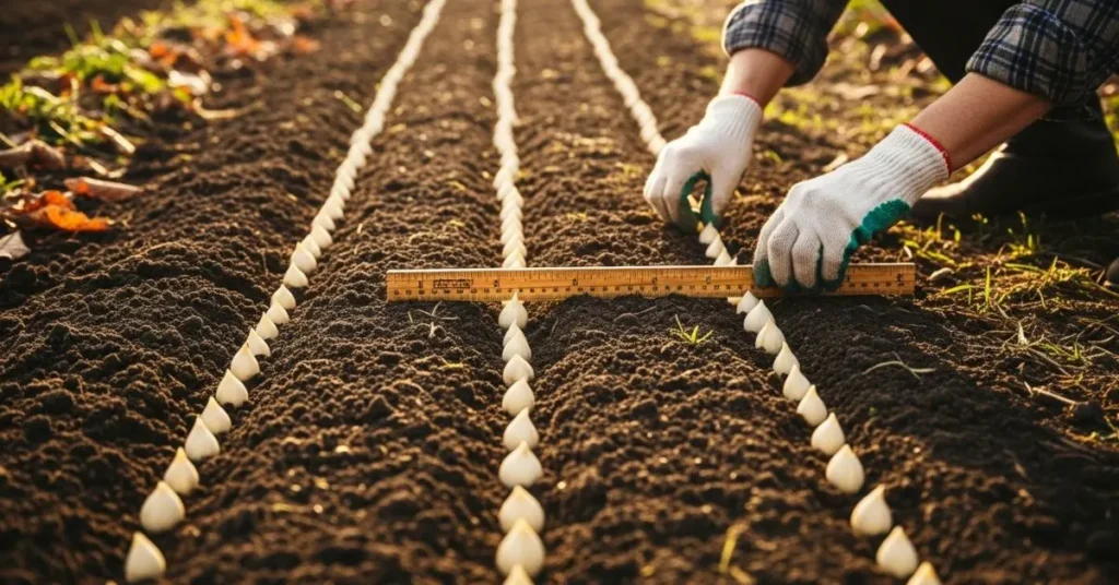 Planting garlic cloves in rows with proper spacing in fall.