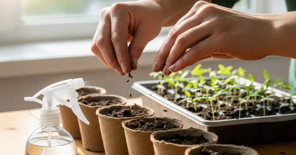 Gardener planting marigold seeds in pots with moist soil, showing how to grow marigolds from saved seeds for next season’s garden.