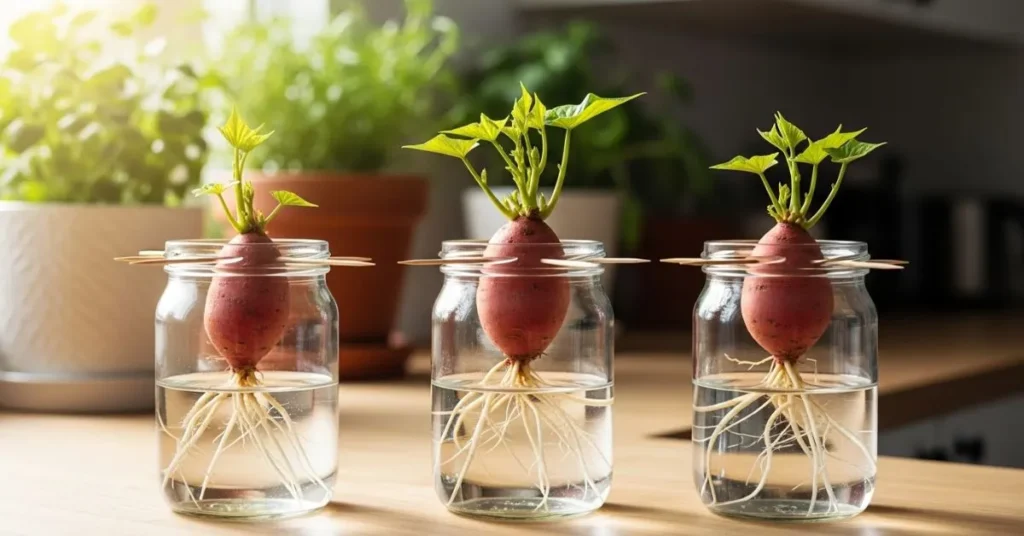 Regrowing sweet potato slips from stored tubers in water jars on a sunny windowsill for the next indoor planting season.