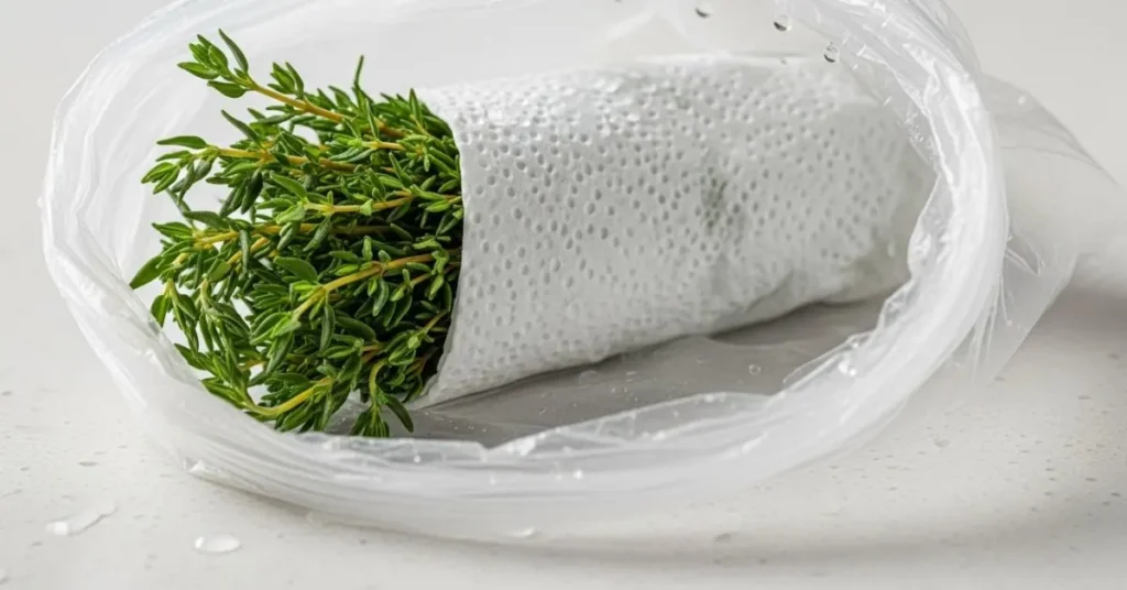 Fresh thyme wrapped in paper towel for short-term fridge storage.