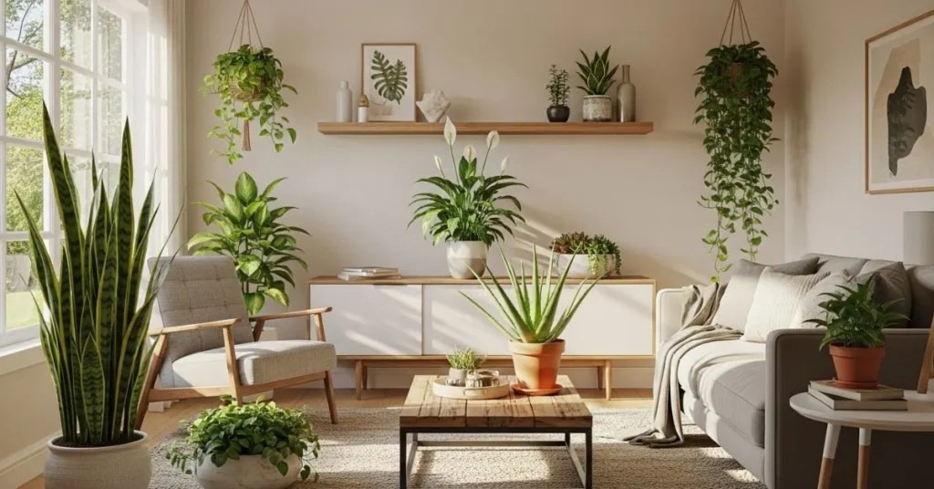 Indoor plants like snake plant, peace lily, aloe vera, and pothos in a bright living room.