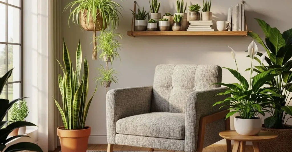 Indoor plants like snake plant, spider plant, peace lily, and succulents displayed in a bright living room.