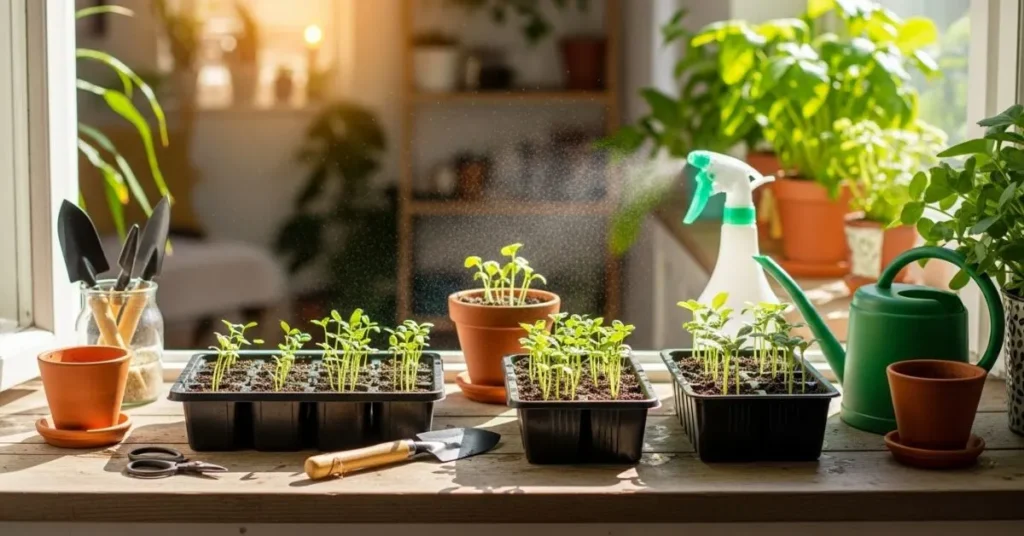 Indoor seed gardening setup with trays and seedlings growing near a sunny window in a cozy home environment.