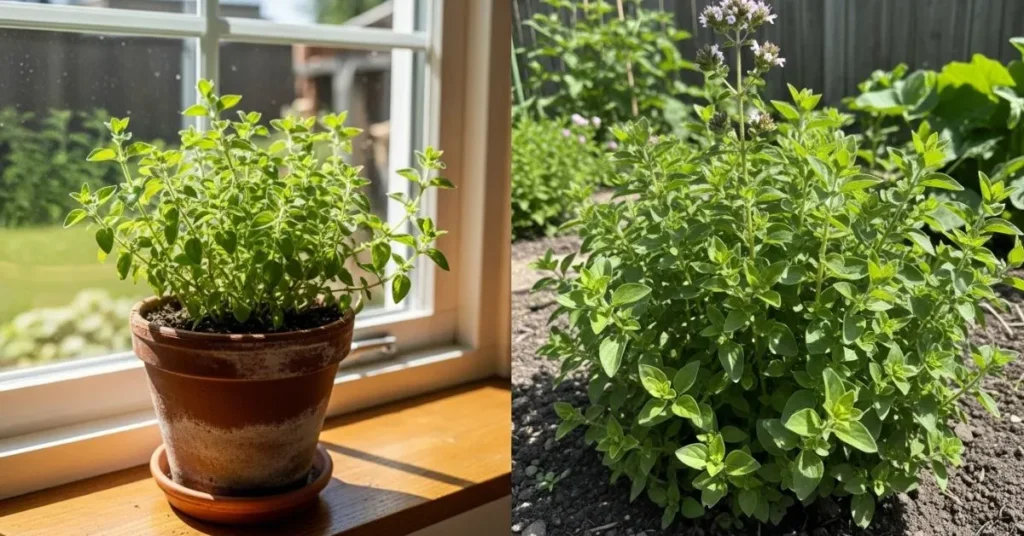Comparison of oregano growing indoors on a windowsill and outdoors in a sunny garden bed.