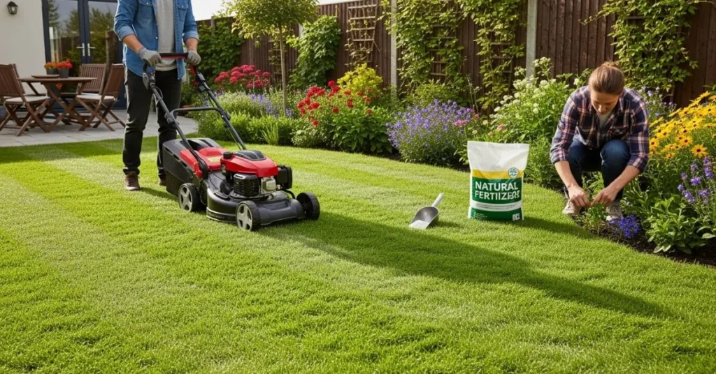 Person caring for a green lawn by mowing, weeding, and fertilizing.