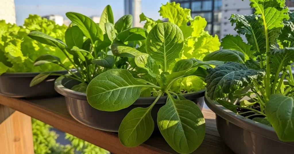 Lettuce, spinach, and kale growing together in shallow containers.