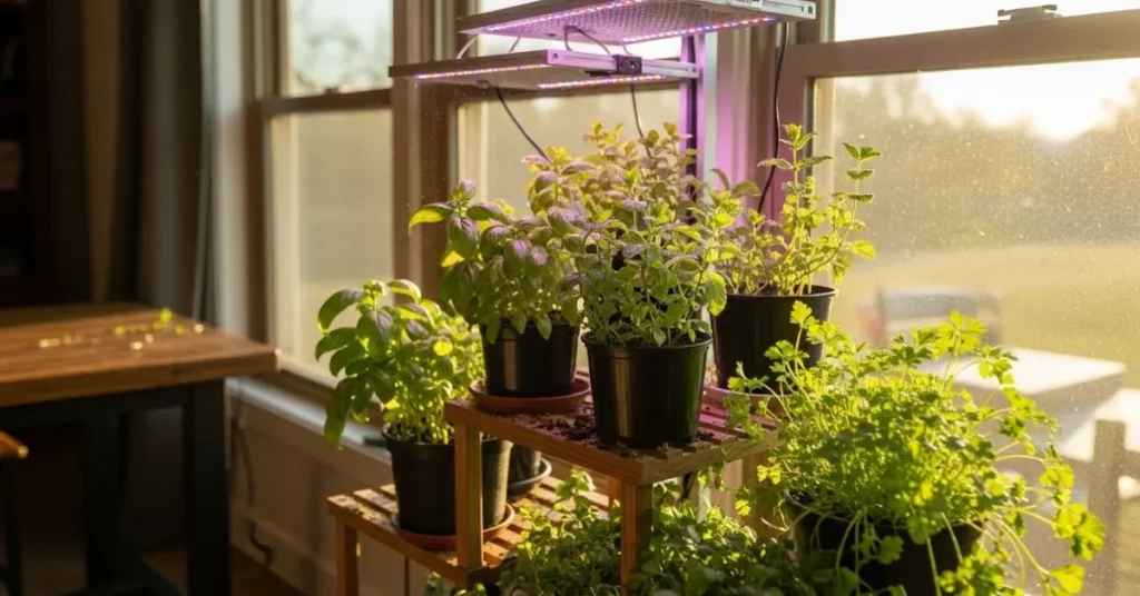 Indoor herb garden with basil, mint, and parsley growing under LED grow lights and sunlight near a window.