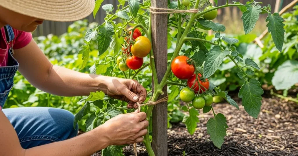 Gardener maintaining trained tomato plants by tying stems to stakes and removing dead leaves for healthy growth.