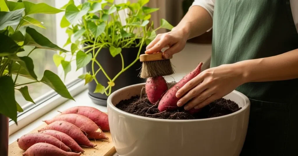 Harvesting indoor-grown sweet potatoes from containers and curing them for better flavor and sweetness.