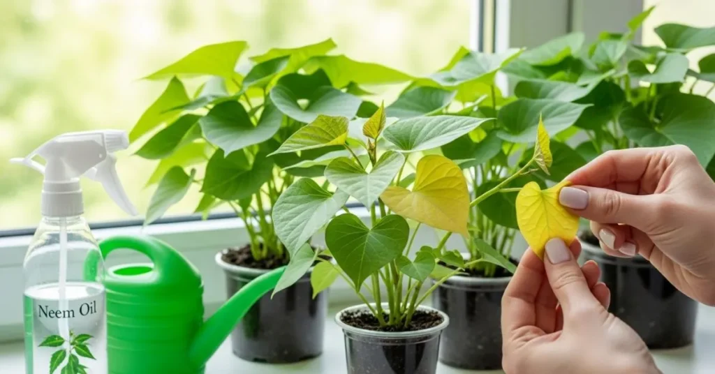 Caring for indoor sweet potato plants by pruning yellow leaves and using natural pest control like neem oil.