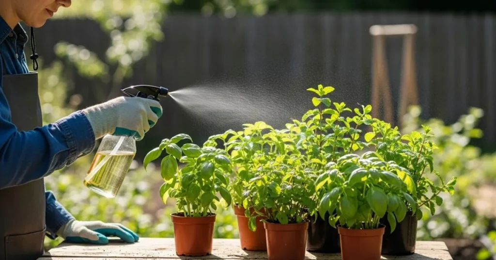 Gardener spraying neem oil on basil and mint plants for natural pest control in a home herb garden.