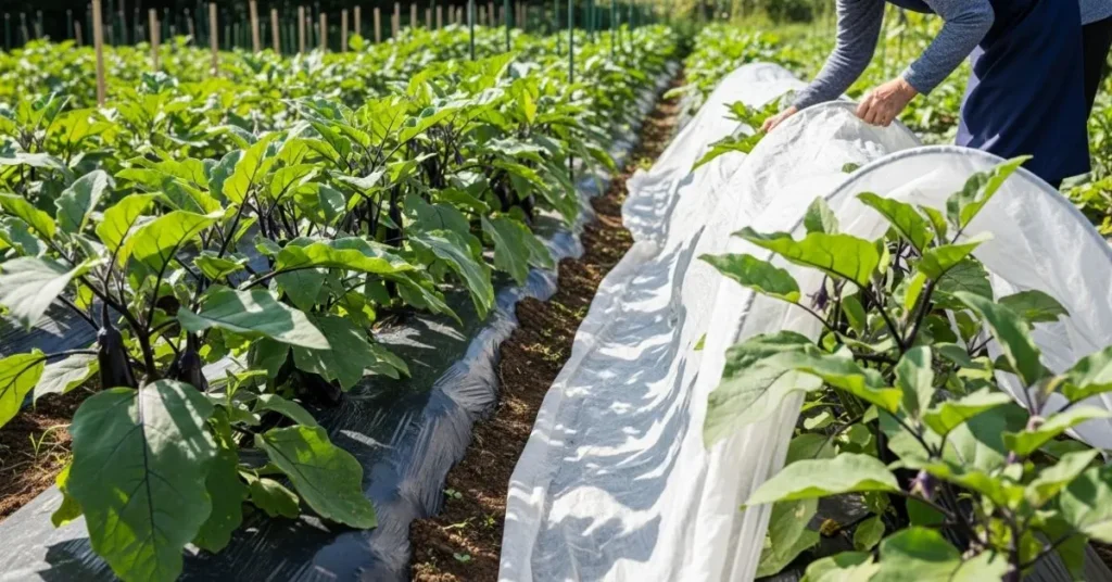 Eggplant plants in sunlight with garden fabric and mulch for temperature control and healthy growth.