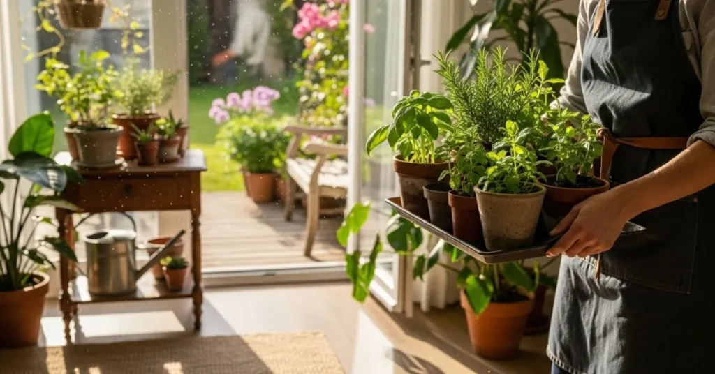 Gardener moving potted basil, rosemary, and mint plants between outdoors and indoors for year-round herb gardening.