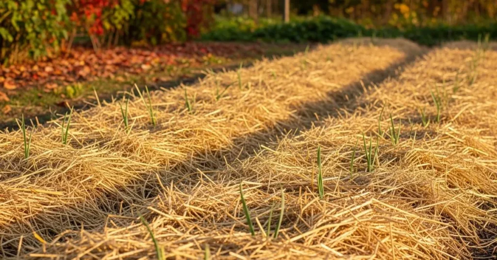 Applying straw mulch over garlic bed for winter protection.
